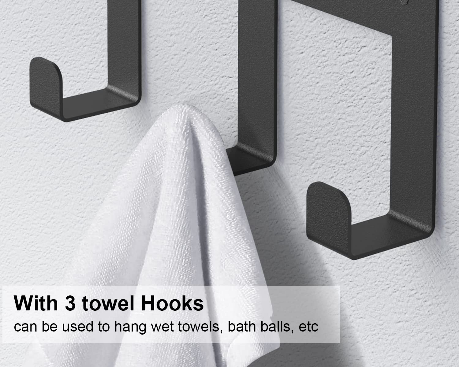 Bethom Towel Racks For Bathroom, Towel Rack With Shelf & 3 Hooks, Towel Storage Holders Wall For Rolled Bath Towels, Black
